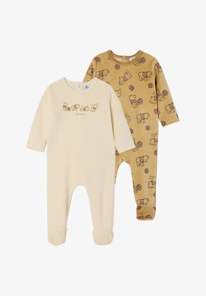 Zwei Babystrampler: einer in Creme mit einem Winnie-the-Pooh-Graphic; der andere in Braun mit einem Muster aus Pooh und Honigtöpfen. Weicher Stoff, lange Ärmel.