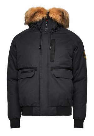 Black padded jacket with a faux fur hood, two front pockets, and a front zipper. Features drawstrings and a patch on the sleeve.
