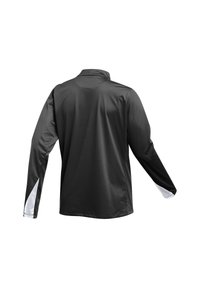Schwarzes Langarmshirt aus leichtem, glattem Stoff; mit einem leicht erhöhten Kragen und weißen Akzenten an den Ärmeln.