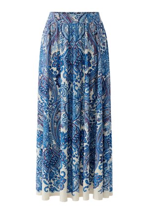 Long white skirt with blue and purple intricate paisley floral patterns and pleats.