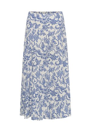 Witte midirok met blauw bloem- en paisleyprint, soepel vallende stof en A-lijnsilhouet.