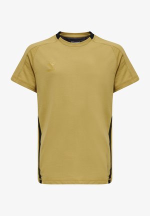 Żółta koszulka z krótkim rękawem, z okrągłym dekoltem, z czarnymi akcentami po bokach i małym logo na klatce piersiowej. Wykonana z miękkiej bawełny.