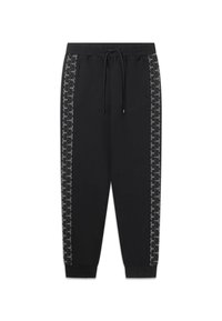 Zwarte joggingbroek met een tapered fit, voorzien van een elastische tailleband, trekkoordsluiting en een gestructureerd zijpaneelpatroon.