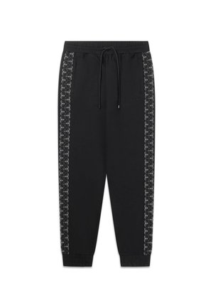 Black sweatpants with a tapered fit, featuring an elastic waistband, drawstring closure, and textured side panel pattern.