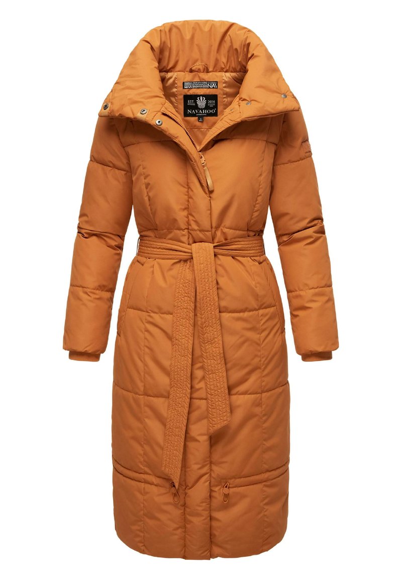 Orange puffer coat with a high collar, long sleeves, belted waist, and quilted design. Features zip closure and two front pockets.