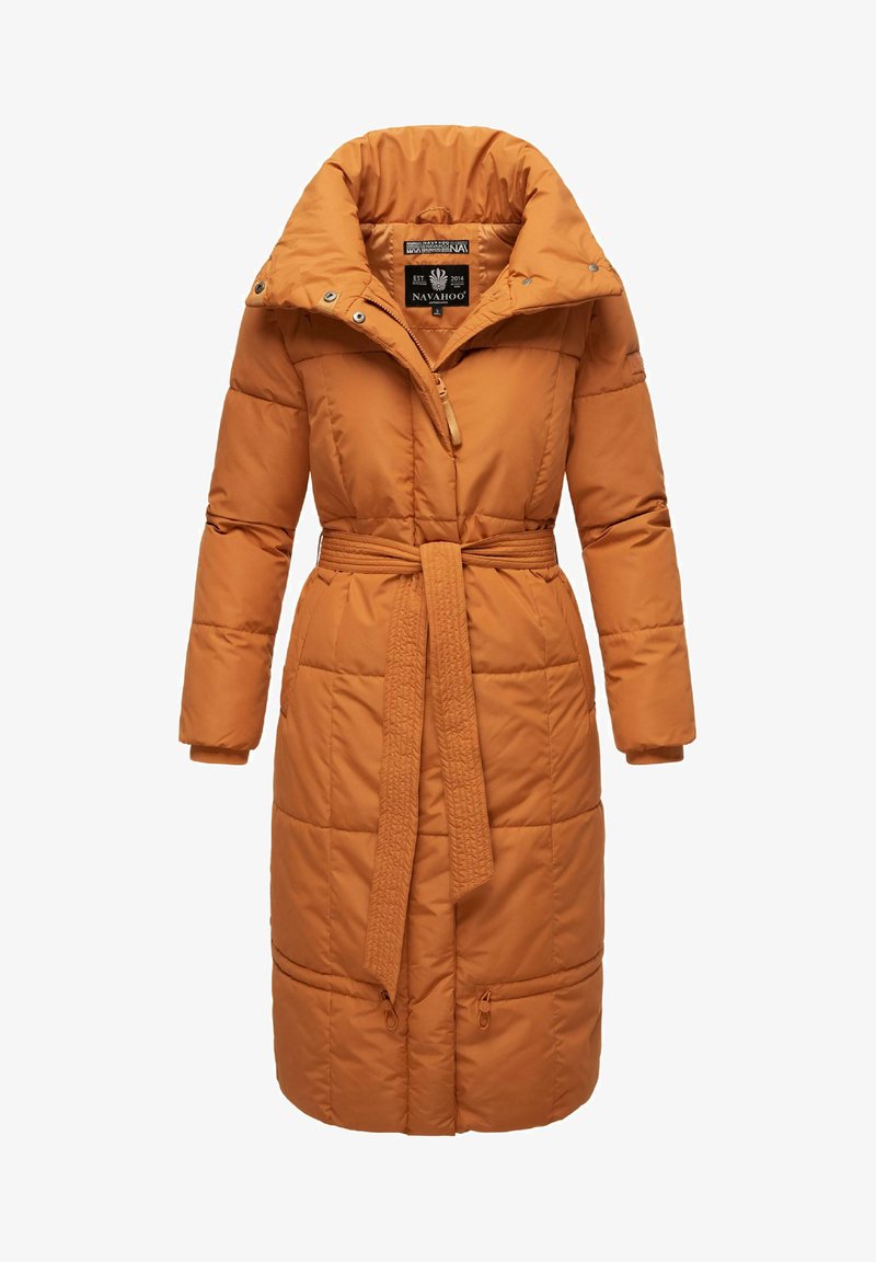 Orange puffer coat with a high collar, long sleeves, belted waist, and quilted design. Features zip closure and two front pockets.