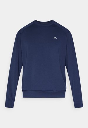 Hanorac albastru închis din țesătură moale, cu guler rotund, mâneci lungi și un mic logo alb pe piept.