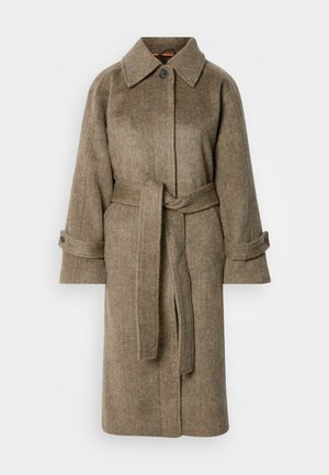 Olive green wool coat with a collared neck, belted waist, and side pockets. Features buttoned cuffs and a straight cut design.