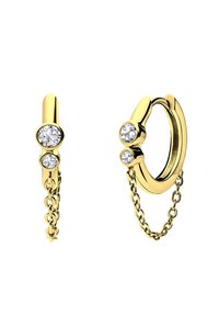 Gold earrings feature a chain link design with two clear, round gemstones attached. The finish is shiny with a smooth texture.