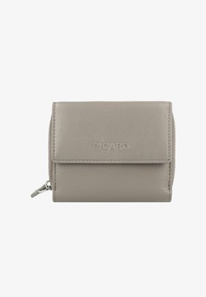 Portefeuille en cuir gris avec fermeture à rabat, estampé "PICARD" et avec une fermeture éclair sur le côté.