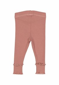 Różowe prążkowane legginsy o dopasowanym kroju, z falbankowymi akcentami u dołu. Miękka tekstura i elastyczny pas dla wygody.