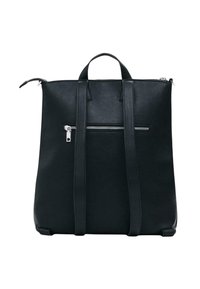 Black leather backpack with two shoulder straps, a top handle, and a horizontal zippered pocket on the back panel.