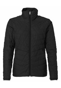 Schwarze gesteppte Jacke mit hohem Kragen, Reißverschluss auf der Vorderseite und elastischen Bündchen, die eine glatte Textur und minimalistisches Design zeigt.