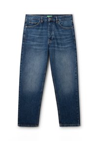 Modré džínové kalhoty s klasickým designem pěti kapes, zapínáním na knoflík a jemným vyblednutím na stehnech a kolenou.