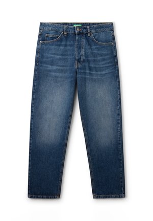 Blauwe denim jeans met een klassiek vijf-pocket ontwerp, knoopsluiting en subtiele vervaging ter hoogte van de dijen en knieën.