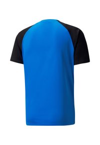Blauwe en zwarte t-shirt met korte mouwen, gemaakt van gladde stof, met raglanmouwen en een ronde halslijn.
