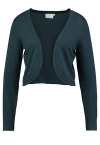 Dark teal long-sleeve cropped cardigan with open front and rounded edges, made of lightweight knit fabric.