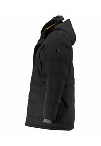 Black puffer jacket with a fur-trimmed hood, featuring button accents, side pockets, and a quilted texture.