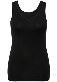 Schwarzes Tanktop aus glattem Stoff, mit Rundhalsausschnitt und figurbetonter Form ohne zusätzliche Muster oder Akzente.