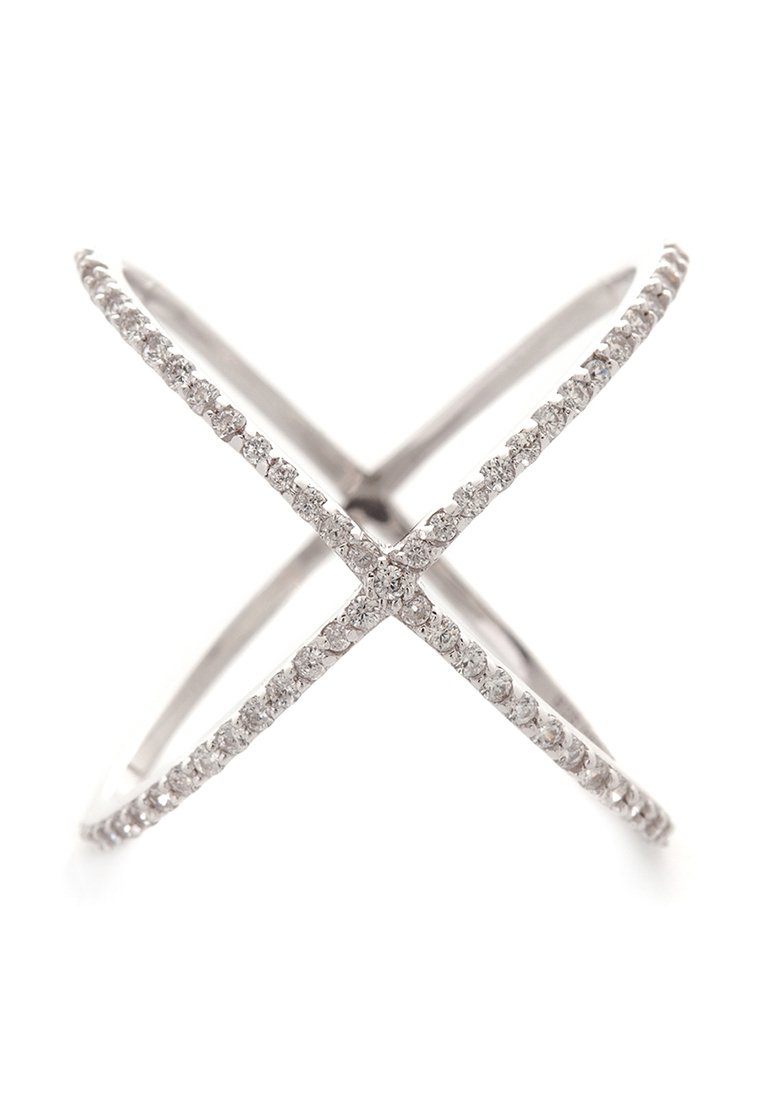 Silberner, offener Überwurf-Ring, der mit kleinen, funkelnden Diamanten entlang der Bänder verziert ist. Glatte Oberfläche und modernes geometrisches Design.