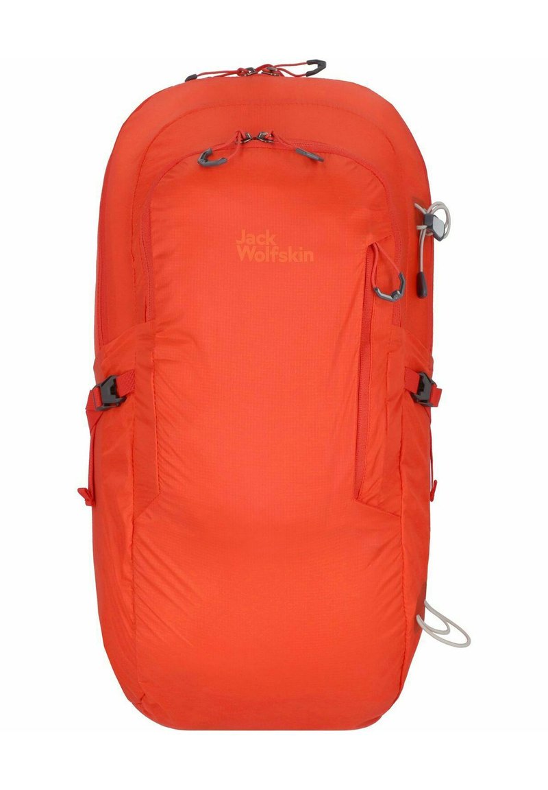 Oranger Rucksack mit glatter Textur, oberem Reißverschluss, Seitentaschen, verstellbaren Trägern und Logo auf der Vorderseite. Kompaktes und ergonomisches Design.