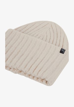 Krémová čiapka vyrobená z mäkkej, štruktúrovanej pleteniny. Má vertikálny ryhovaný vzor a prehnutý okraj. Viditeľná malá čierna značka.