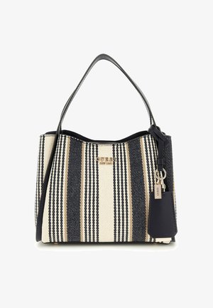 Borsa a tracolla a righe in crema, blu navy e sabbia. Realizzata in tessuto testurizzato con profili in pelle nera e un accento a forma di portachiavi. Presenta una placca con logo.