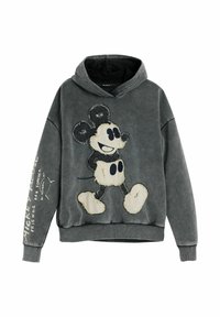 Sötétszürke kapucnis pulóver nagy, kopott hatású felirattal, amely egy vintage stílusú rajzfilm egér képe a elején, valamint fehér felirat a bal ujján.