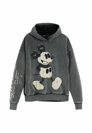 Dark gray hoodie with a large distressed patch of a vintage-style cartoon mouse on the front and white text on the left sleeve.