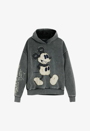 Dark gray hoodie with a large distressed patch of a vintage-style cartoon mouse on the front and white text on the left sleeve.
