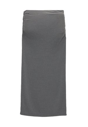 Grijze midi-rok van rekbare stof, met ruching aan de zijkant en een gladde textuur, ontworpen voor een aansluitende silhouette.