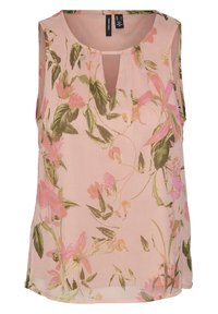 Blusa senza maniche di un leggero rosa chiaro con stampa floreale verde e rosa, scollo rotondo con apertura a chiave frontale.