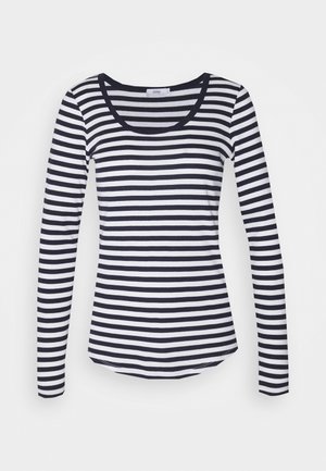 Long-sleeve shirt featuring navy and white horizontal stripes, made from soft fabric with a round neckline and curved hemline.