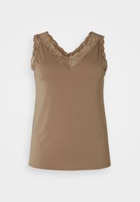 Brun utringet topp uten ermer med V-hals, med blonder langs skuldrene og halsen, samt en glatt, tettsittende bodice.