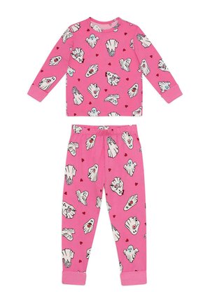 Ensemble chemise à manches longues et pantalon rose avec des motifs de fantôme de dessin animé et petits cœurs rouges, avec des manches et jambes de pantalon à revers.