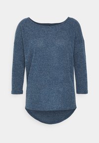 Top blu in maglia con una vestibilità ampia, scollatura larga, maniche a tre quarti e orlo curvo. Tessuto testurizzato con un motivo sottile.