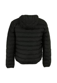 Giacca imbottita nera con cappuccio, design trapuntato con cuciture orizzontali e polsini elastici, realizzata in materiale leggero e isolante.