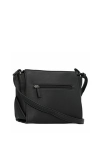 Borsa a tracolla nera realizzata in ecopelle testurizzata. Presenta una tasca frontale con zip e una tracolla regolabile. Forma quadrata, design minimalista.