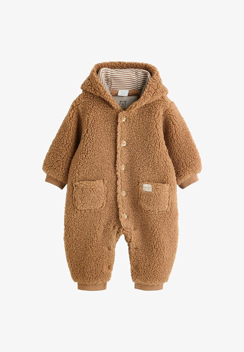Brown fleece baby romper with a hood, button closure, and two front pockets. Features ribbed cuffs and a striped lining.