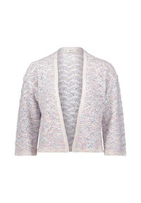 Lätt, öppen cardigan med pastellblå och rosa vågiga mönster, försedd med trekvartslånga ärmar och en texturerad stickdesign.