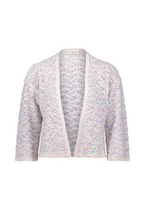 Lichte, open voorpand cardigan met pastelblauwe en roze golvende patronen, met driekwart mouwen en een Textured knit ontwerp.