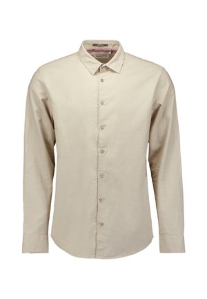 Beige Langarmhemd mit Knopfleiste, kragenförmigem Halsauschnitt und subtiler Textur. Verfügt über Standardknöpfe und einen abgerundeten Saum.