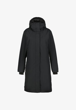 Musta vedenpitävä parka, jossa on korkea kaulus, huppu, pitkät hihat ja sivutaskut. Ominaisuuksiin kuuluu suora leikkaus ja sileä pinta.