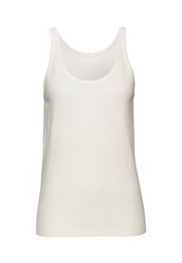 Crème-kleurige tanktop van een textuur gebreide stof, brede bandjes en een ronde halslijn. Eenvoudig ontwerp met een geribbelde zoom.