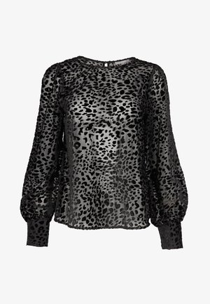 Black sheer long-sleeve blouse with all-over velvet leopard print, round neckline, and button closure at the back.