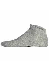Calcetín de tobillo gris con puño acanalado, hecho de una suave tela texturizada. Presenta un diseño sin costuras y una sección de puntera reforzada.