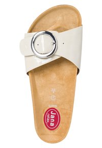 White slide sandal with a glossy finish, oversized silver buckle, and a tan cushioned footbed featuring the logo "Jana relax."