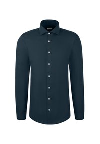 Camicia a maniche lunghe blu navy con colletto standard, bottoni frontalmente e una texture liscia. Presenta un design a taglio dritto e polsini con bottoni.