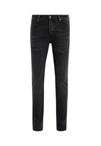 Schwarze Denim-Jeans im Slim-Fit mit einem klassischen Fünf-Taschen-Design, Knopfverschluss und dezenten Ausbleichungen an den Oberschenkeln.