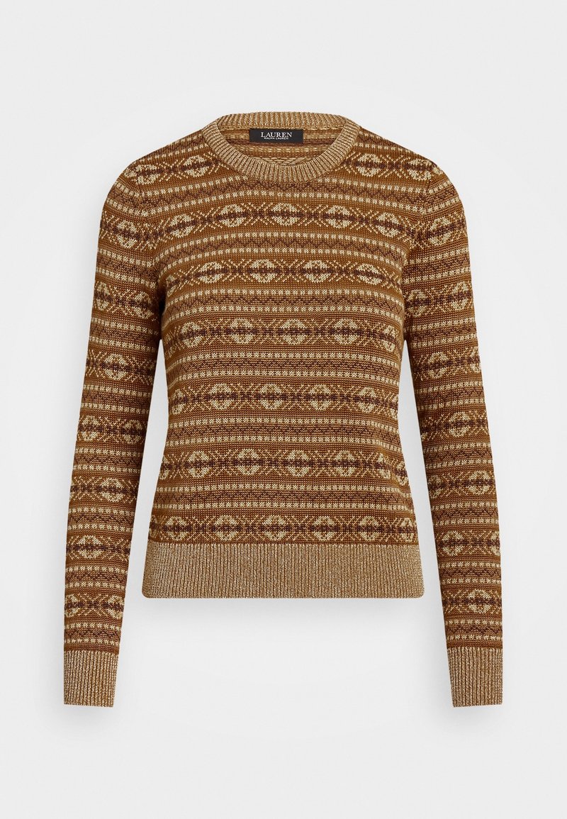 Pull tricoté marron et beige avec des rayures horizontales géométriques, poignets et ourlet côtelés, col rond.